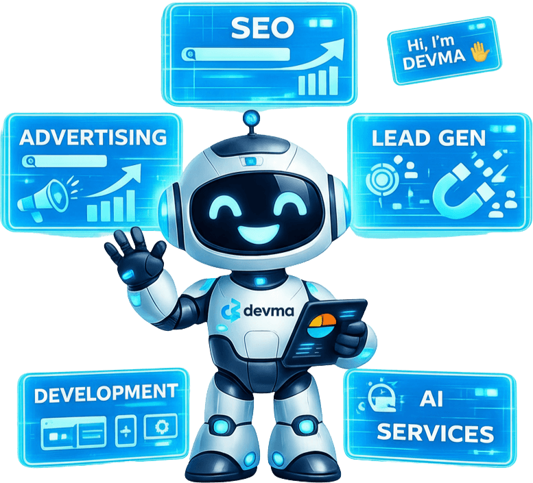 DEVMA AI Assistant &ndash; Futuristic animated robot with glowing blue accents representing digital marketing and AI services